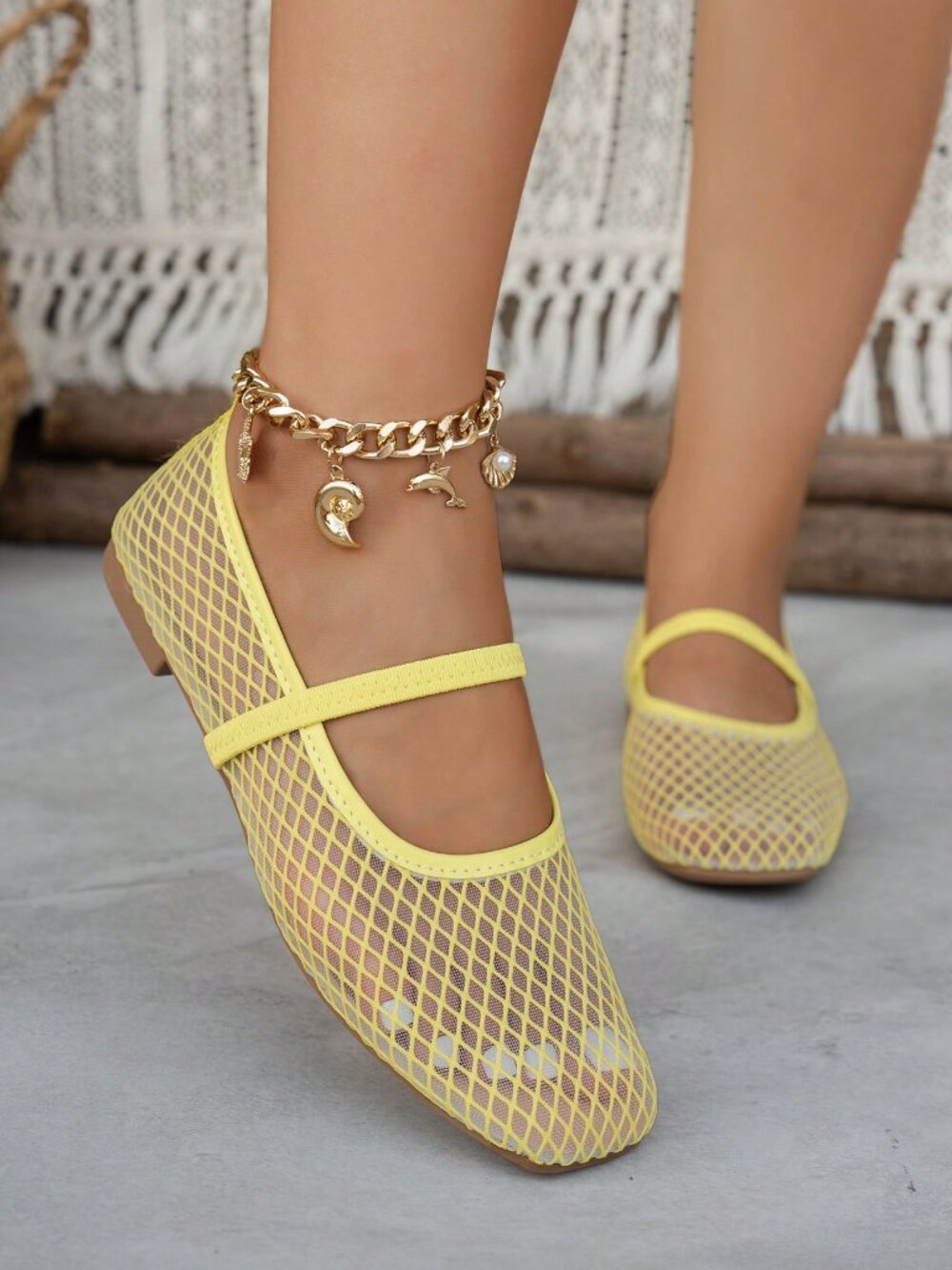 Lemon Yellow Casual Women's Hollow Mesh Flat Slip-On Ballet Shoes - Picture 4 of 6